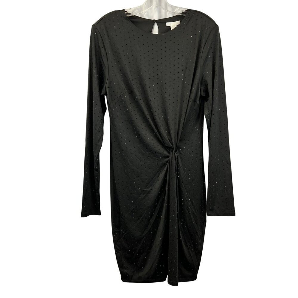 H&M Dotted Black Rhinestone Sheath Dress Ruched Black Size M New Shoulder Pads